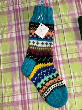 Hand-Knit Multicolor Wool Sock - Teal Accent
